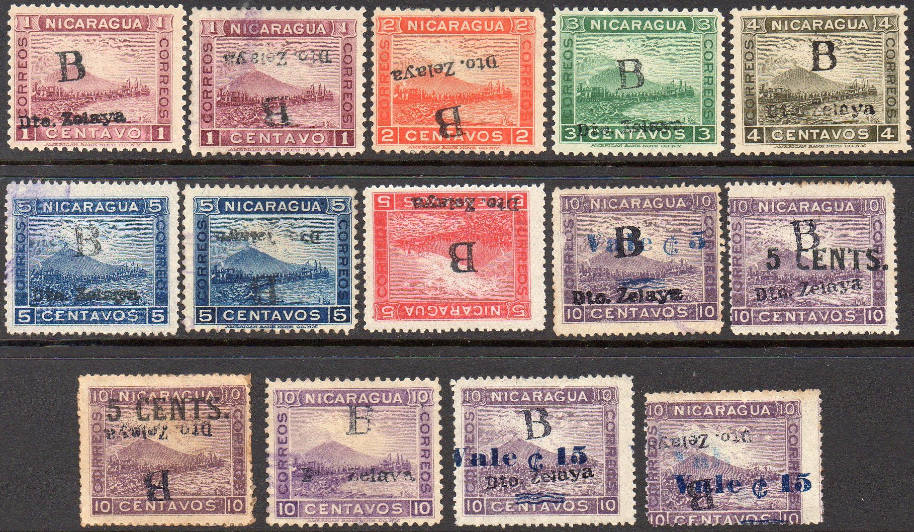 timbres-poste sellos postales stamps Nicaragua Momotombo to Dealers' Order Zelaya Bluefields Volcano & Train